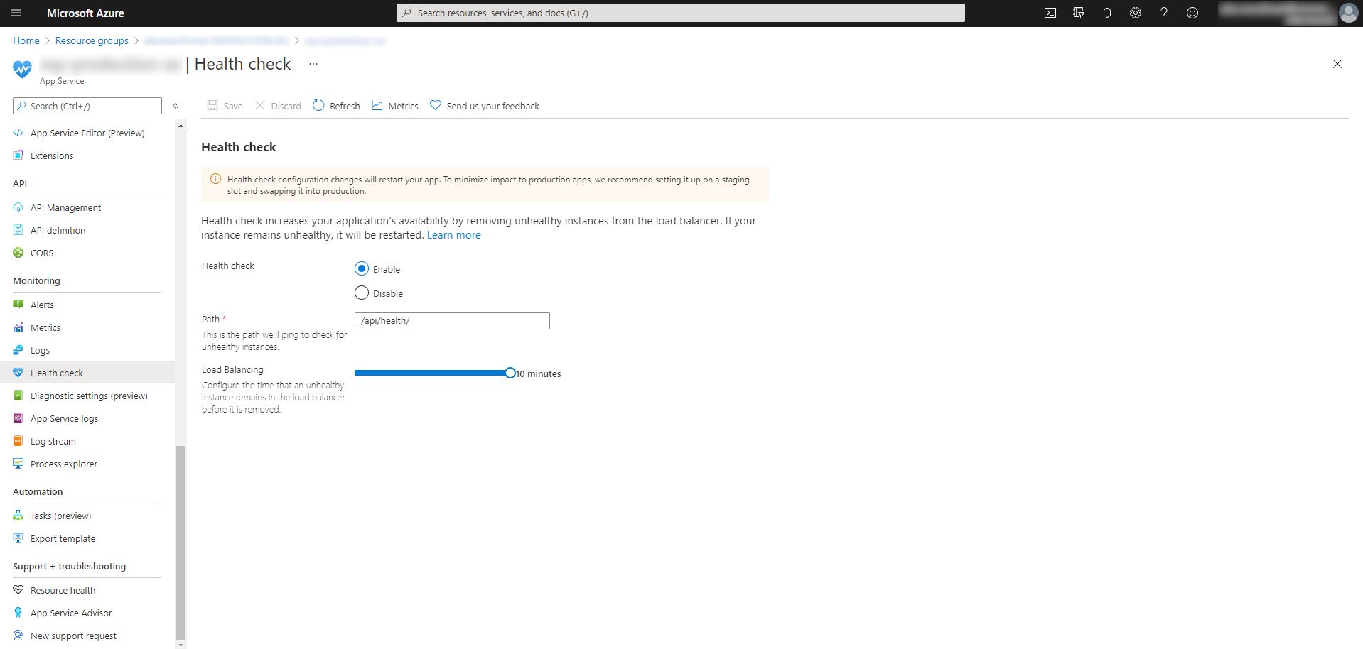 Configuring the health check endpoint in the Azure portal